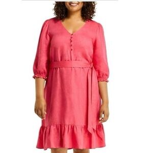Estelle Eleanor Linen Dress in Watermelon with Ruffle Hem